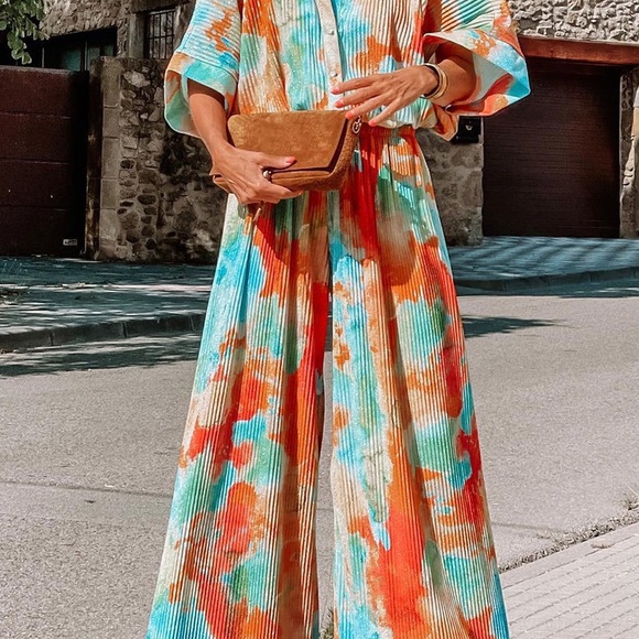 Multicolor Bohemian Tie Dye Pleated Shirt Loose Jumpsuit - Picture 2 of 3